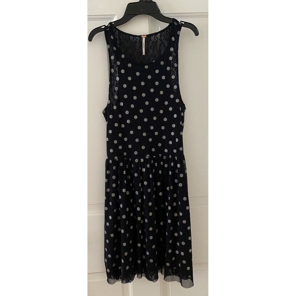 Free People Black Mini Dress Size M Polka Dot Lace Reversible Stretch Sleeveless